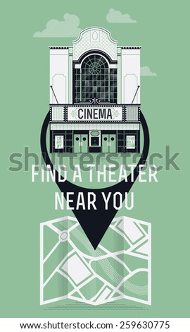Magnificent detailed vector visual or web banner and printables design on finding local movie theater cinema location with classic cinema theater building facade and area map