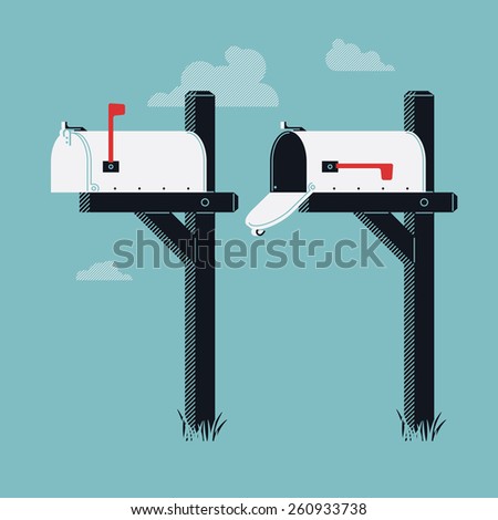 Beautiful rural curbside open and closed mailboxes with semaphore flag vector illustration with clouds on background