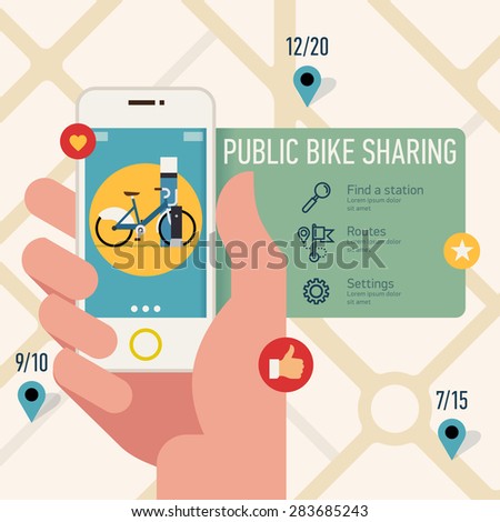 Creative vector modern flat design visual on using city public bike sharing system application on mobile device | Hand holding phone with bicycle sharing app 