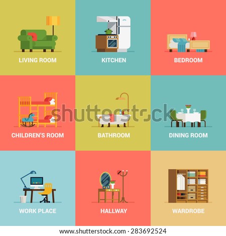 Set of lovely and colorful vector interior design room types icons in trendy flat design featuring living room, bedroom, kitchen, kids' room, bathroom, dining room, work space and hallway