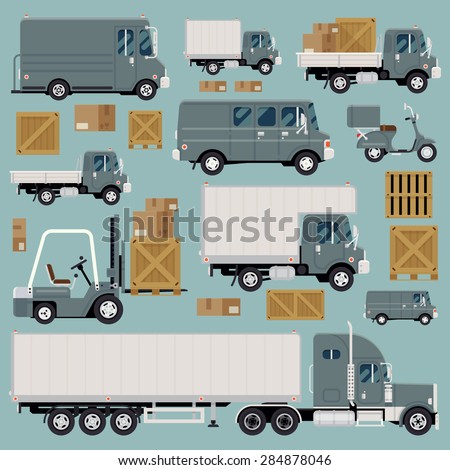 Large set of cool detailed flat design freight commercial transport items featuring delivery van, scooter, flatbed truck, forklift, semi-trailer tractor unit and various types of load and cargo