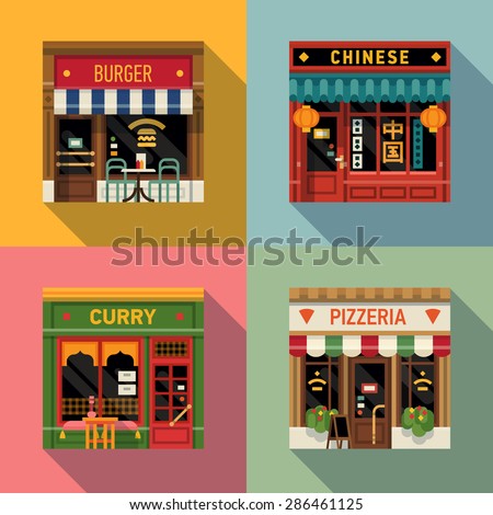 Cool set of vector detailed flat design restaurants facade icons. Burger, Chinese food, Indian curry and Italian pizzeria fronts. Ideal for restaurant business web publications and graphic design