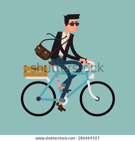 Cool vector character design on young man riding bike. Stylish male hipster on bicycle, side view, isolated