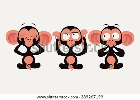 Three wise monkeys vector character illustration. See no evil, hear no evil, speak no evil cartoon monkeys