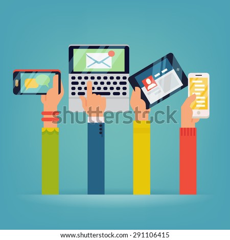 Vector set of people hands holding mobile devices. People using their phones, tablets and laptops with different applications running