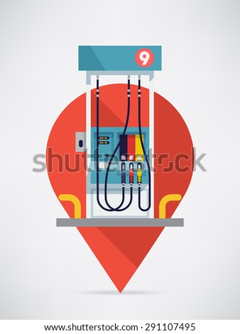 Modern flat concept design on gas station location with gas pump on red location pin isolated