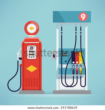 Cool detailed vector flat design modern and retro gas pumps isolated