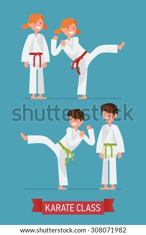 Cool vector flat design on young karate boy and girl characters | Martial arts for kids | Karate class young students in action