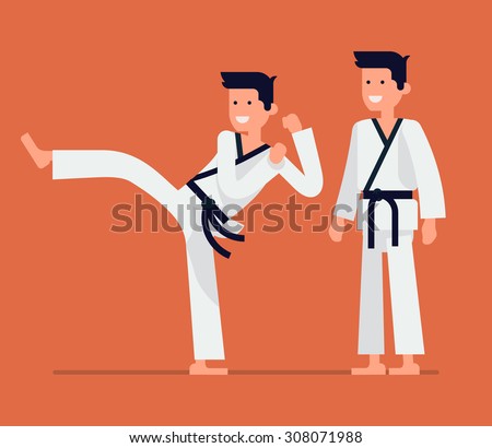 Cool vector flat design on young karate teacher character | Martial arts master isolated | Karate class adult male person in action