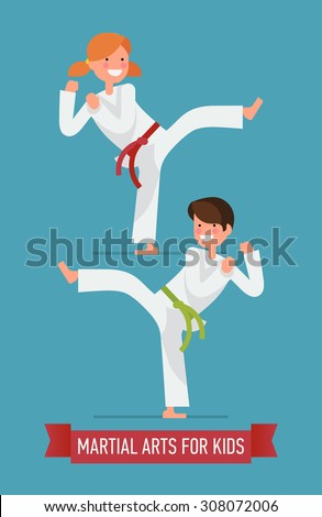 Trendy vector flat design on young karate boy and girl characters | Martial arts for kids | Karate class young students in action