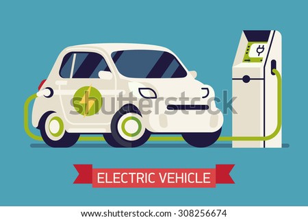 Electric subcompact vehicle charging cool concept vector visual | Small efficient microcar charging in process | Cute and trendy flat illustration on eco friendly transport 