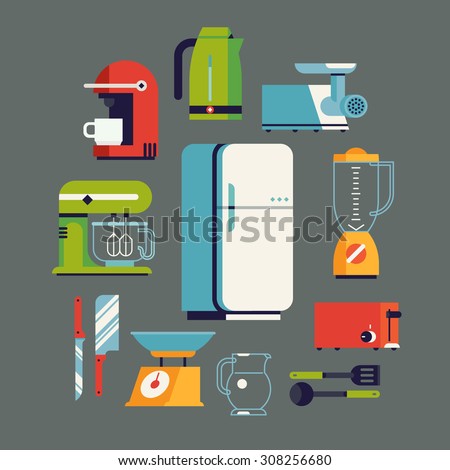 Cool flat design on essential kitchen appliances set, tools and equipment including fridge, electric mixer, coffee maker machine, toaster, electric kettle, blender, knife, meat grinder and utensils