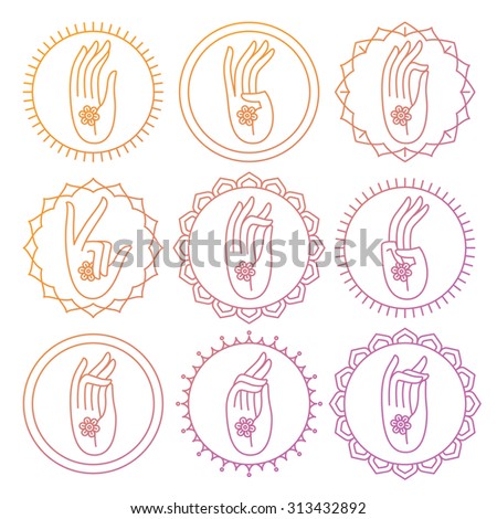 Beautiful flat linear yoga meditation hand gestures round icons set | Vector Indian mudra positions of hands and fingers outline insignia badges collection. Ideal for yoga classes, spa center and more