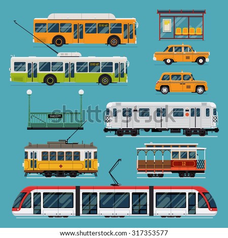 Large set of vector mass rapid transit urban vehicles | Collection of municipal transport buses, taxis, subway, tram cars in flat design. Ideal for infographic brochures, web and motion design