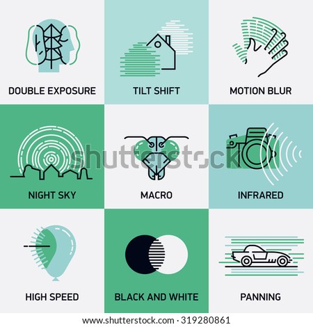 Set of vector inspirational photography techniques and principles web icons in trendy linear flat design | Design elements on double exposure, tilt shift, motion blur, infrared and other photo topics