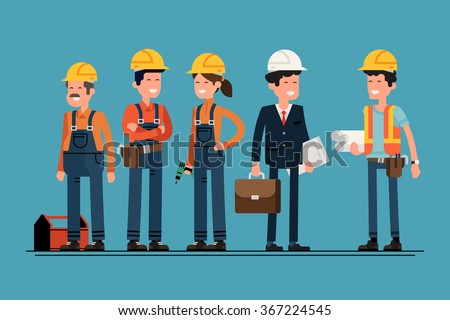 Civil engineer, architect and construction workers characters group. Cool vector flat design construction team characters line-up. Group of construction workers in hard hats friendly smiling