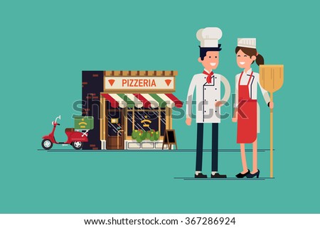 Lovely family business concept illustration with adult couple standing in front of their Italian food restaurant. Pizzeria owners standing with restaurant on background. Adult restaurateurs standing