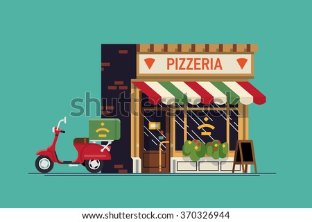 Lovely flat design Italian food restaurant with delivery scooter. Vector cartoon pizzeria location background