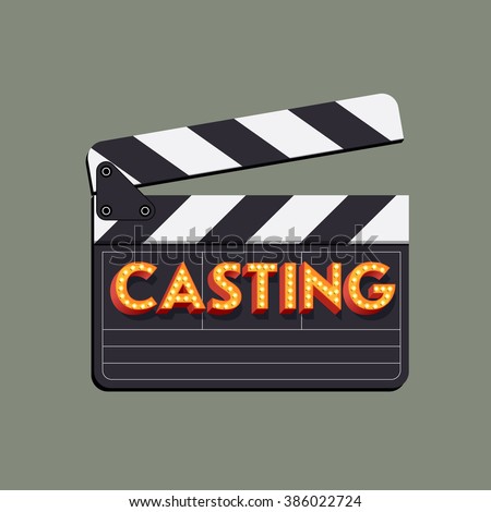 Casting abstract vector illustration with movie clapper board and marquee neon light bulb shining sample title