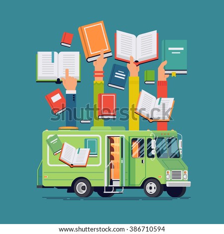 Cool vector bookmobile concept layout with mobile library van and abstract human hands holding books, modern flat design. Ideal for book, reading themed banners, posters and flyers