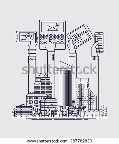 Cool flat line vector illustration on Smart City. Linear Social media layout devices in hands of city people. Citizens using their phones, tablets and laptops