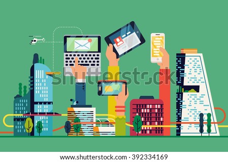 Cool Smart City flat illustration. Urban development vision to integrate communication and information technology. Modern urban information and data system. City efficiency concept layout