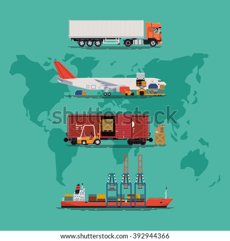 Global supply chain heavy transport vector design elements. Global shipping service. International merchant delivery. Commercial logistics and transportation