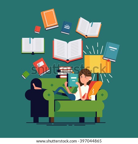 Cool vector concept illustration on reading with woman reading book lying on couch and flying books on background. Young adult girl having a rest with good book. Girl enjoying good book on couch