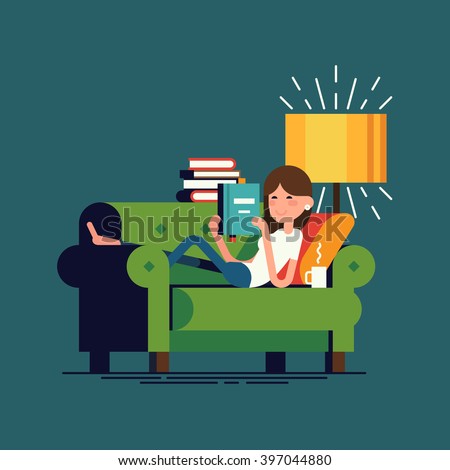 Cool vector illustration on woman reading book lying on couch. Young adult girl having a rest with good book. Girl enjoying good book on couch at home