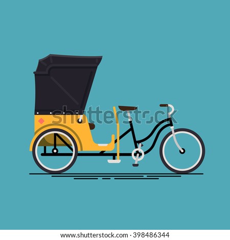 Lovely vector illustration on velotaxi. Pedicab flat design icon. Bike taxi cycle rickshaw isolated. Human powered local city transport vehicle bikecab