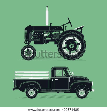 Cool vector old farm retro graphic vehicles. Old pickup truck and farm tractor cars in detailed vintage style. Ideal for farm fresh food market themed graphic and web design