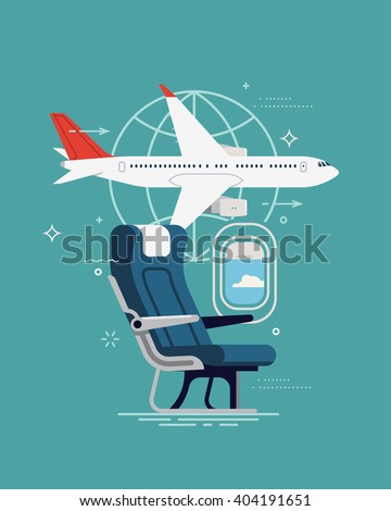 Cool vector background on travel. Airline travel, business trip, vacation journey concept illustration with cabin seat and window, airliner jet plane and world globe linear icon