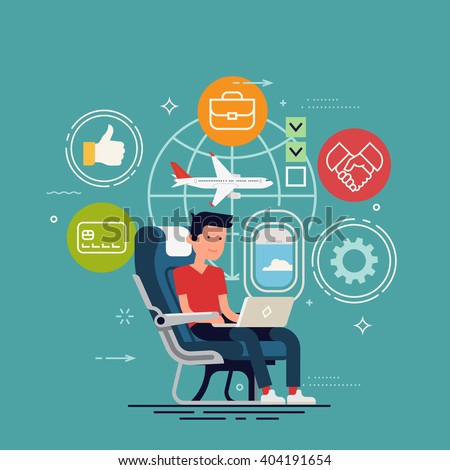 Cool vector concept design on man working online using inflight WiFi. Flier traveler using onboard internet provided by airline. Man using laptop in cabin seat while traveling by airplane illustration