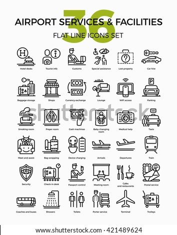 Airport services and facilities quality flat line vector icons set. Airway travel outline symbols bundle. Linear pictograms on customs, arrivals, departure, showers, prayer room, lost luggage and more