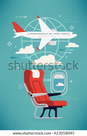 Creative vector airline travel, business trip, vacation journey concept illustration with cabin seat and window, airliner jet plane and world globe linear icon. Travel background. Airway trip