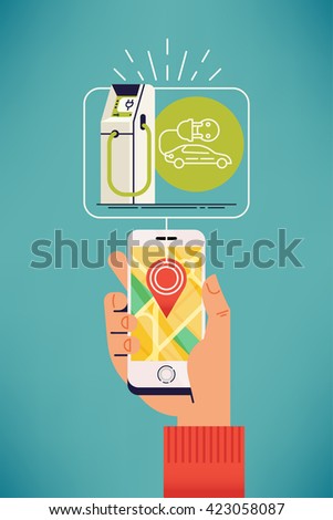 Cool vector concept on electric car charging point near me. Electric car charging station near you. Hand holding mobile device with charging station location showed on map application screen