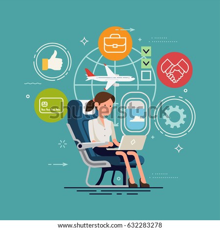 Vector concept design on woman working online using inflight WiFi. Flier traveler using onboard internet provided by airline. Lady using laptop in cabin seat while traveling by airplane illustration