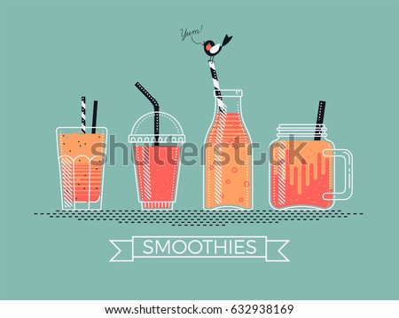 Cool detailed vector illustration on various filled smoothie jars, cups, bottles and glasses with drinking straws. Ideal for smoothie and pressed juice bar printables or menu design