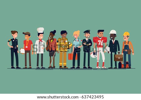Large vector set of different profession characters in flat design. Men and women of different careers and jobs line-up. Group portrait of specialists and professionals