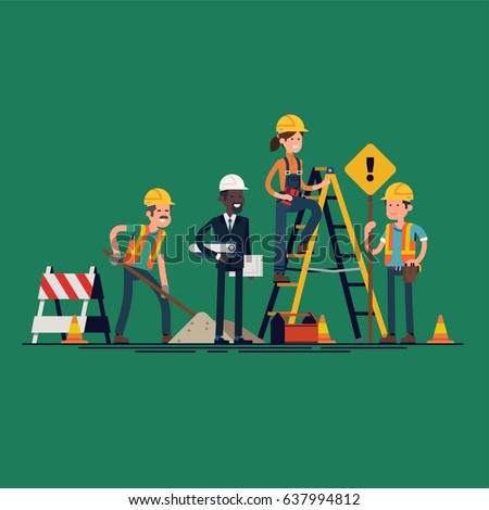 Construction workers crew. Cool vector character design on construction or maintenance process. Digging worker, engineer with blueprints, worker with signpost and female worker on ladder