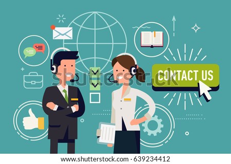 Cool vector flat concept design on feedback and business contact with operator characters ready to receive incoming calls and messages. Business characters abstract background with 'Contact Us' button