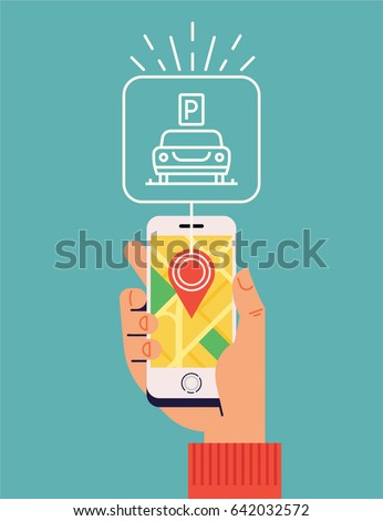 'Parking Near Me' vector concept layout. Flat design illustration with hand holding a phone with a city map showing available car parking lot.  