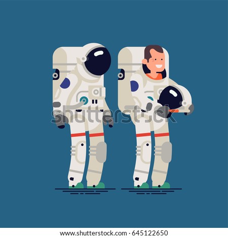 Cool vector flat character design on astronaut with helmet on and off. Male cosmonaut or space pilot standing full length, isolated