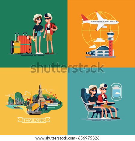 Cool vector illustrations on travelers couple going to Thailand featuring airport, luggage, landmarks and highlights, airplane cabin seats
