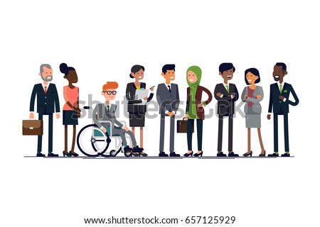 Business characters vector line-up. Diverse businessmen of different ages, nationalities, genres and possibilities standing together. Equal opportunity International business team