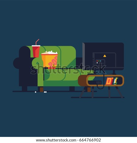 Cool vector concept illustration on home cinema featuring green sofa couch, popcorn, soda beverage and flat panel TV set