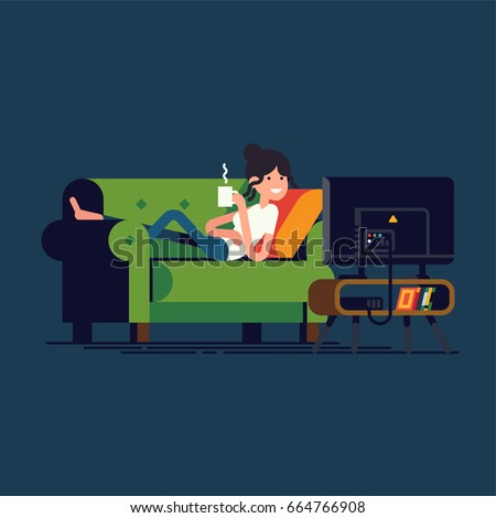Creative vector illustration on woman lying on green sofa watching TV shows drinking coffee or tea