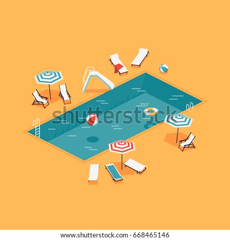 Creative vector concept illustration on isometric swimming pool with chaise lounges, parasol umbrellas, beach balls and more