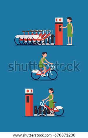 Creative urban transportation infographics abstract character using city public bicycle sharing system vector concept. Woman taking bike from the station, traveling and leaving it at empty station