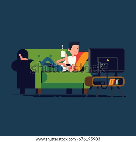 Illustration of man lying on sofa in front of television screen holding mug of hot beverage. Cool vector concept character design on man lying on couch watching TV